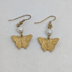 Handmade Butterfly Dangle Earrings Gold Tone Faux Pearl 1" Drop Boho Cottagecore